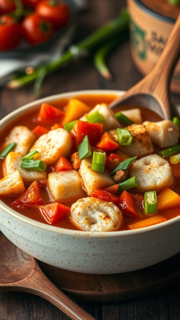 A bowl of spicy Cajun fish stew with fish, bell peppers, and tomatoes, garnished with green onions.